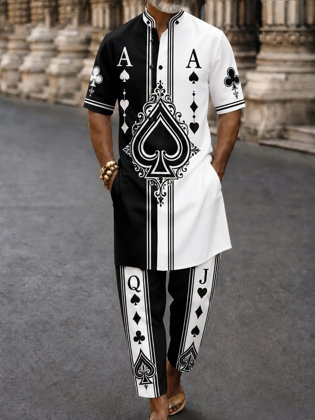 Men's Poker Card Art Casual Vacation Cotton Shirt Set